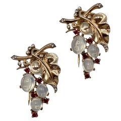 Pr of Trifari Sterling Silver, Grape Leaf, Moonstone & Red Stone Fur Clips, 1945