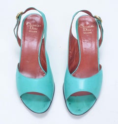 Pr of Vintage Christian Dior Kitten Heal, Peep Toe Calf Skin Pumps in Turquoise