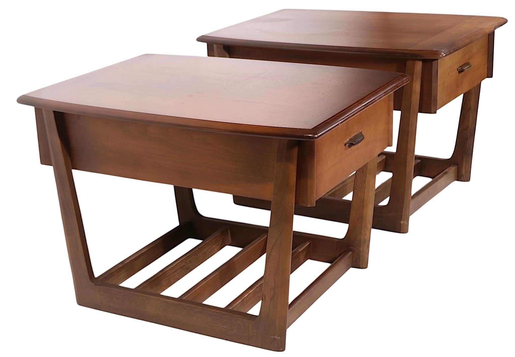American Pr. One Drawer Mid Century End or Side Sleigh Leg Tables by Lane c. 1950/60's For Sale