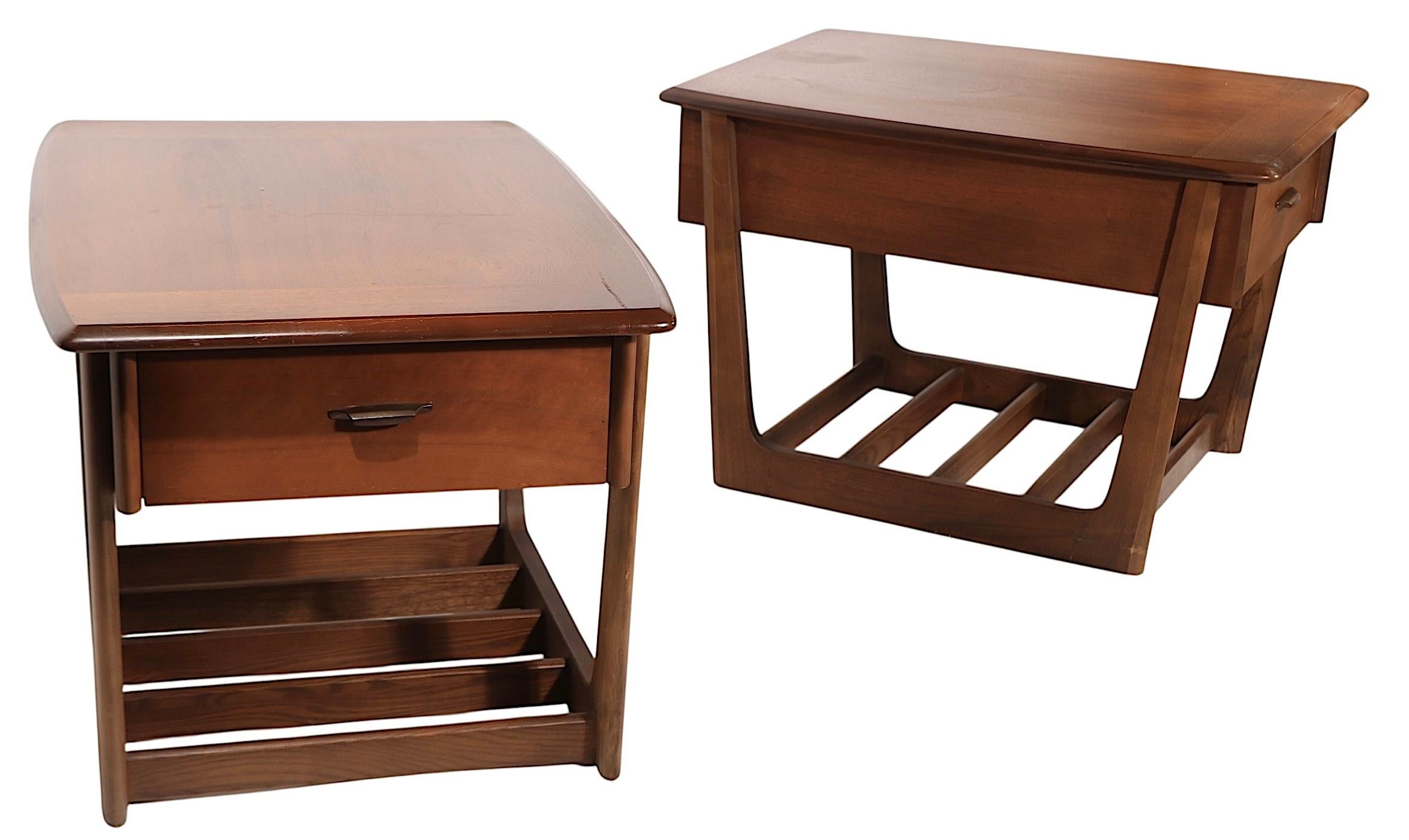 20th Century Pr. One Drawer Mid Century End or Side Sleigh Leg Tables by Lane c. 1950/60's For Sale