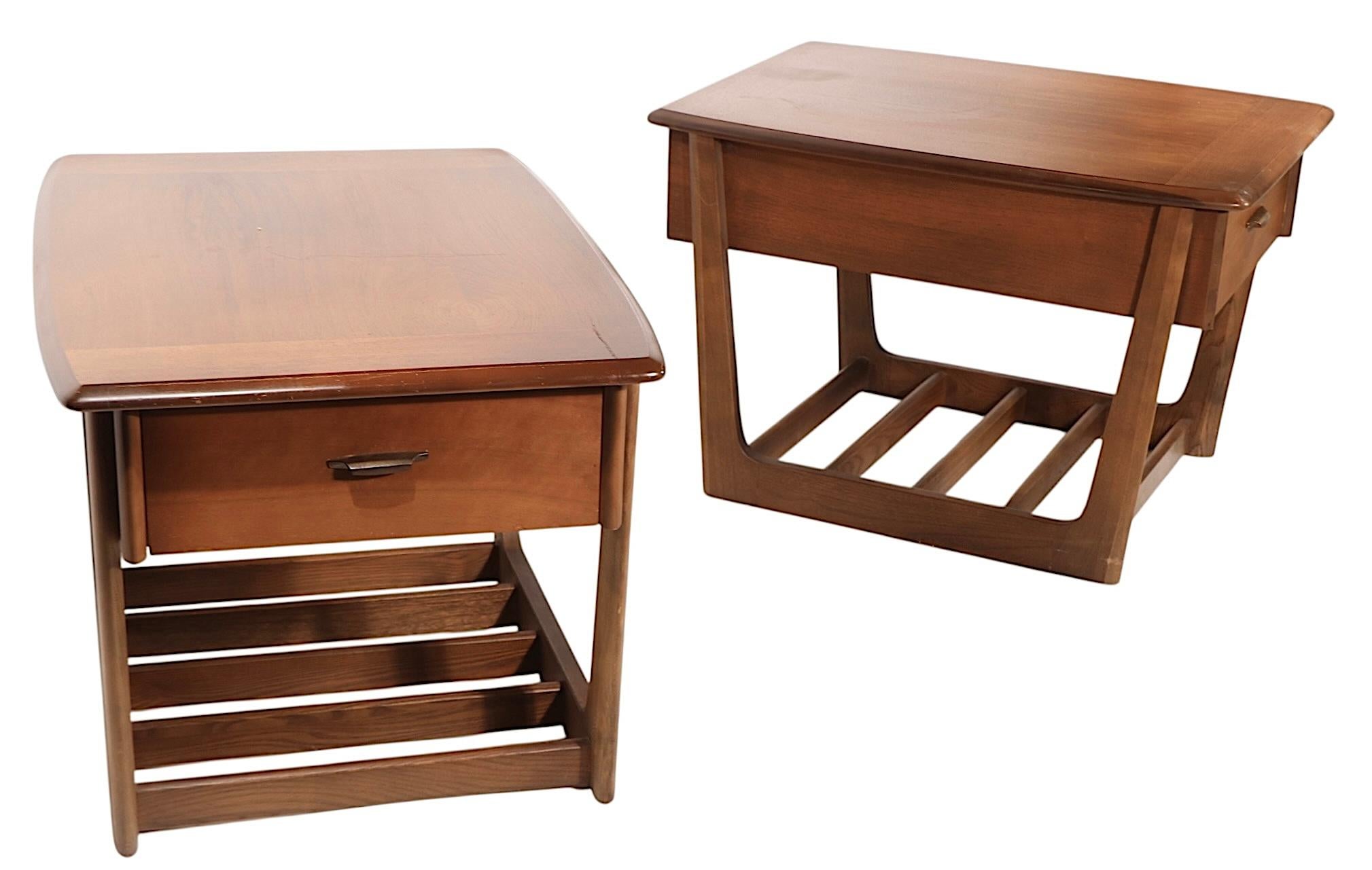 Wood Pr. One Drawer Mid Century End or Side Sleigh Leg Tables by Lane c. 1950/60's For Sale