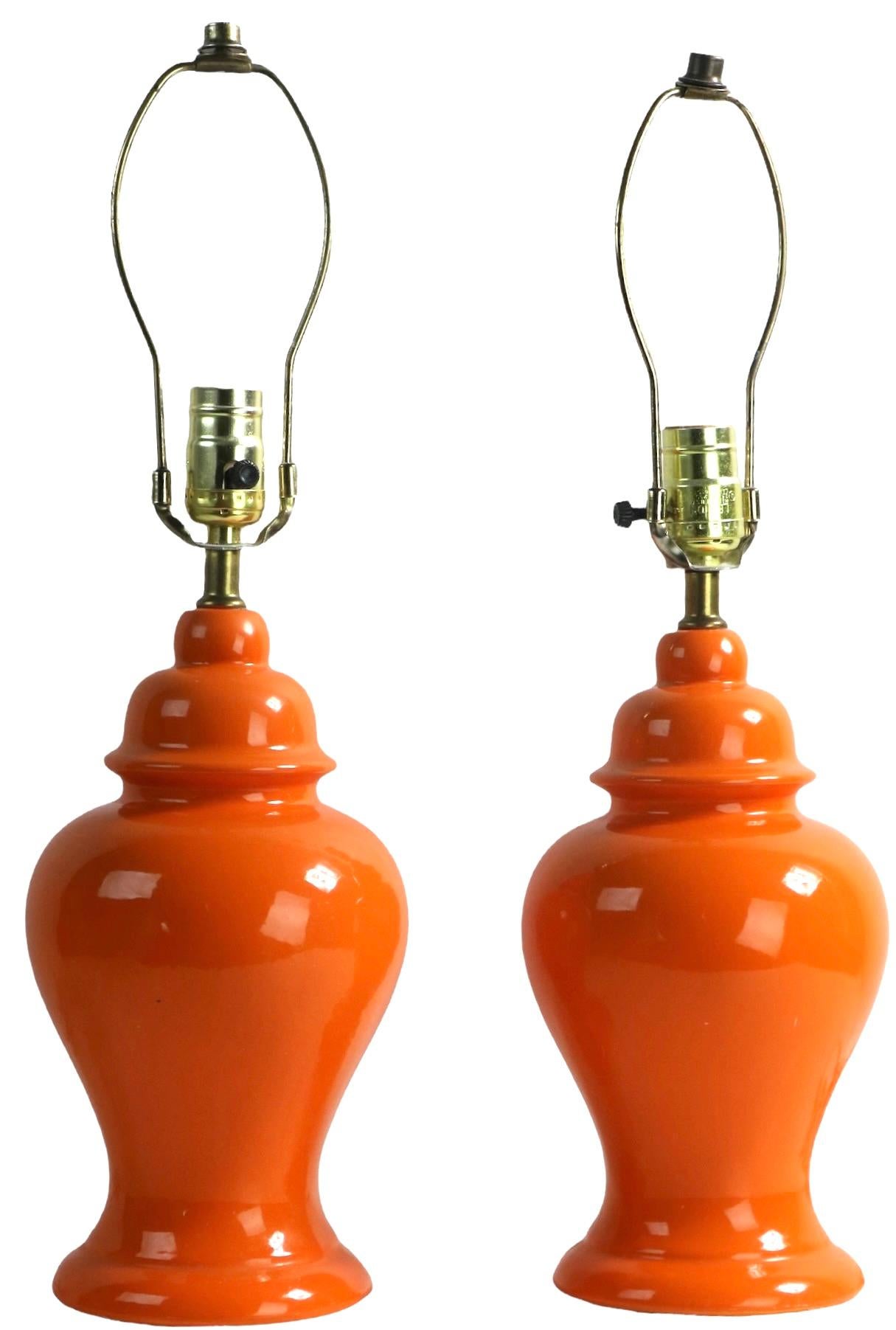 Pr. Orange Glaze Ginger Jar Form Table Lamps Chinese Style Made in USA 1970's 2