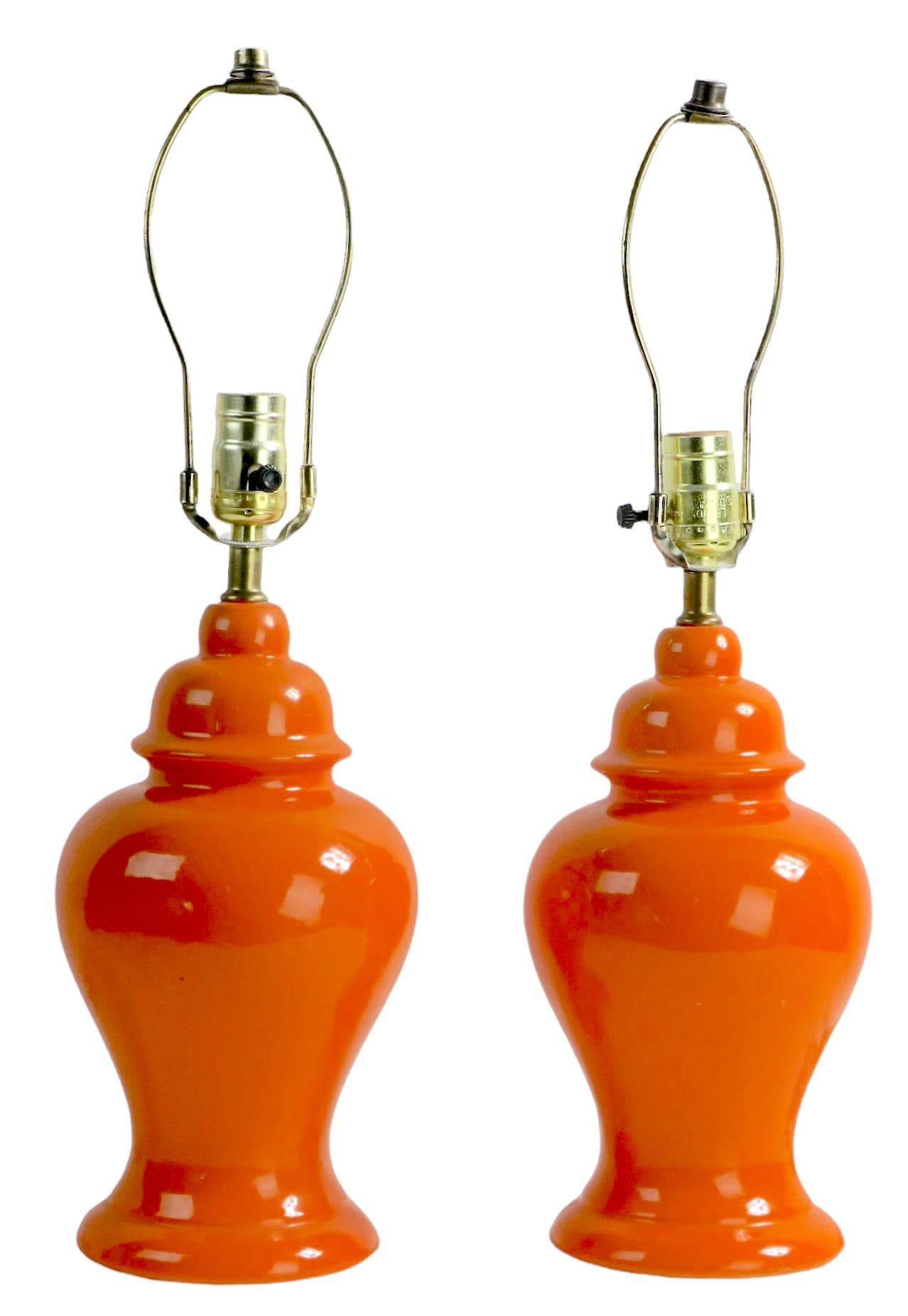 Pr. Orange Glaze Ginger Jar Form Table Lamps Chinese Style Made in USA 1970's 3