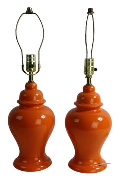 Pr. Orange Glaze Ginger Jar Form Table Lamps Chinese Style Made in USA 1970's