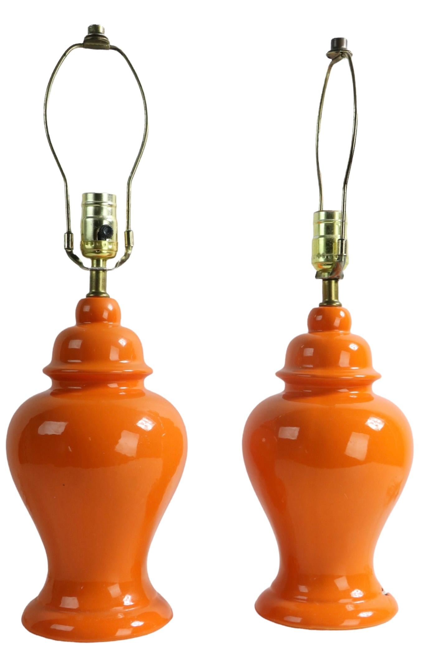 Post-Modern Pr. Orange Glaze Ginger Jar Form Table Lamps Chinese Style Made in USA 1970's