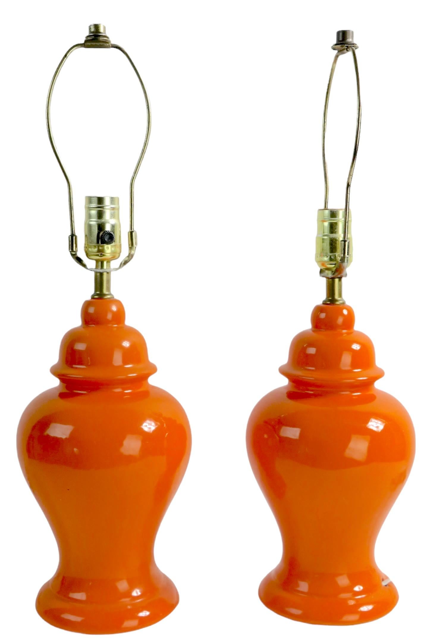 American Pr. Orange Glaze Ginger Jar Form Table Lamps Chinese Style Made in USA 1970's