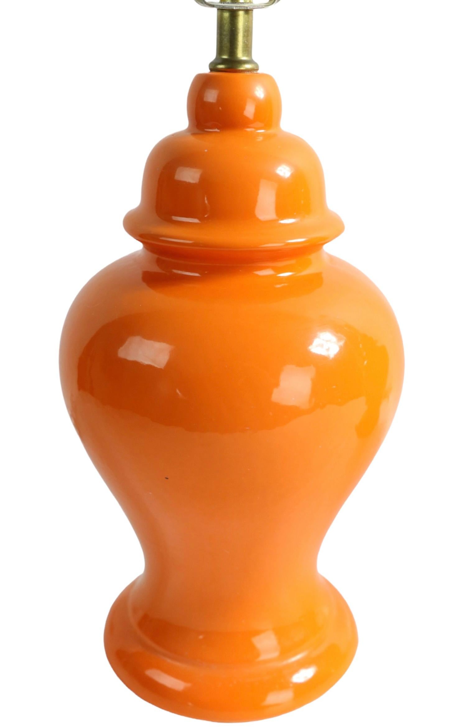 Ceramic Pr. Orange Glaze Ginger Jar Form Table Lamps Chinese Style Made in USA 1970's