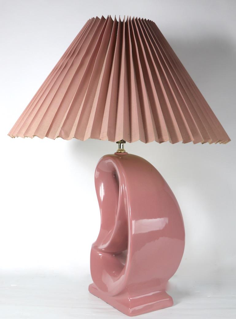 Pair of Organic Form Mauve Ceramic Lamps with Original Pleated Shades For Sale 1