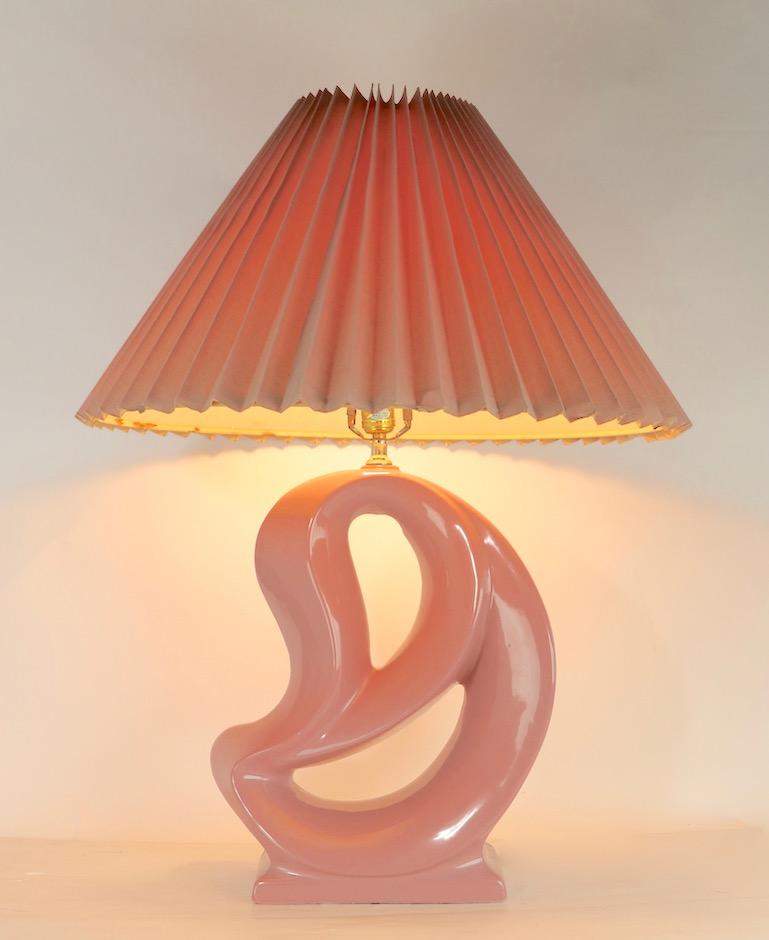Pair of Organic Form Mauve Ceramic Lamps with Original Pleated Shades For Sale 2