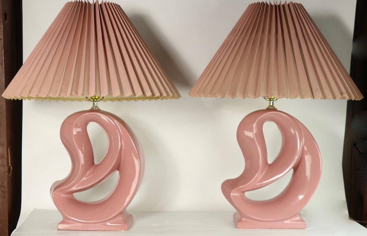 Pair of Organic Form Mauve Ceramic Lamps with Original Pleated Shades For Sale 4