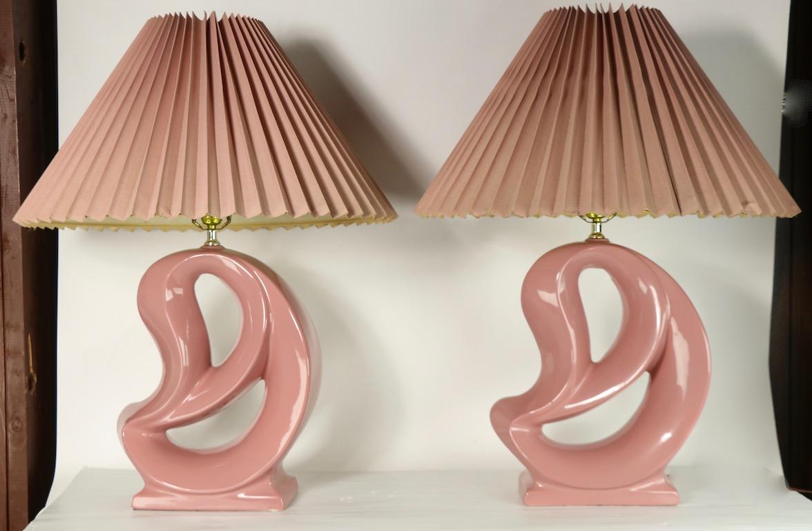 Pair of Organic Form Mauve Ceramic Lamps with Original Pleated Shades For Sale 5
