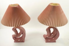 Pair of Organic Form Mauve Ceramic Lamps with Original Pleated Shades