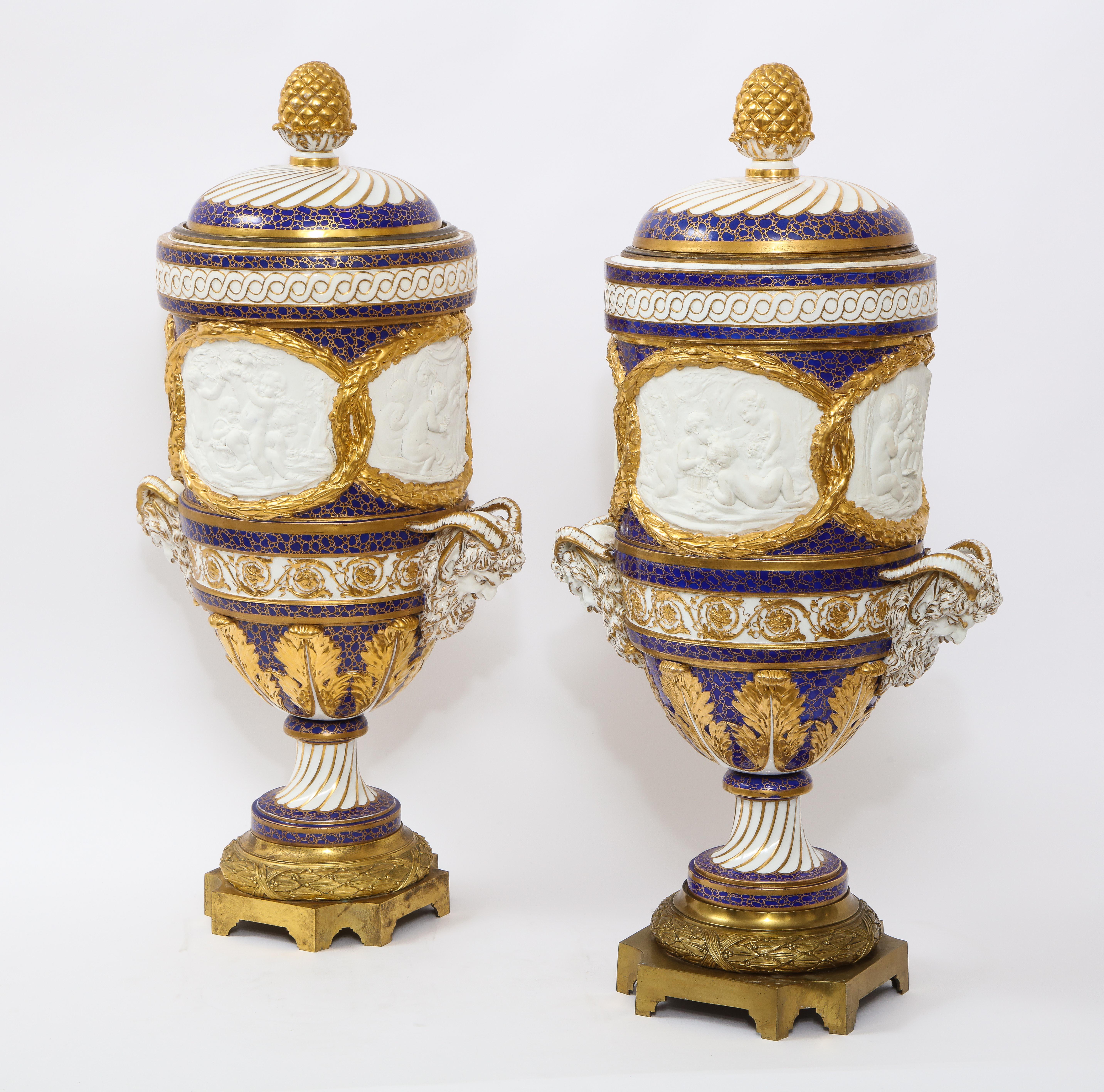 Louis XVI Pr Ormolu Mtd French Sevres Biscuit & Porcelain Cobalt Blue Ground Seasons Vases For Sale