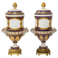 Antique Pr Ormolu Mtd French Sevres Biscuit & Porcelain Cobalt Blue Ground Seasons Vases