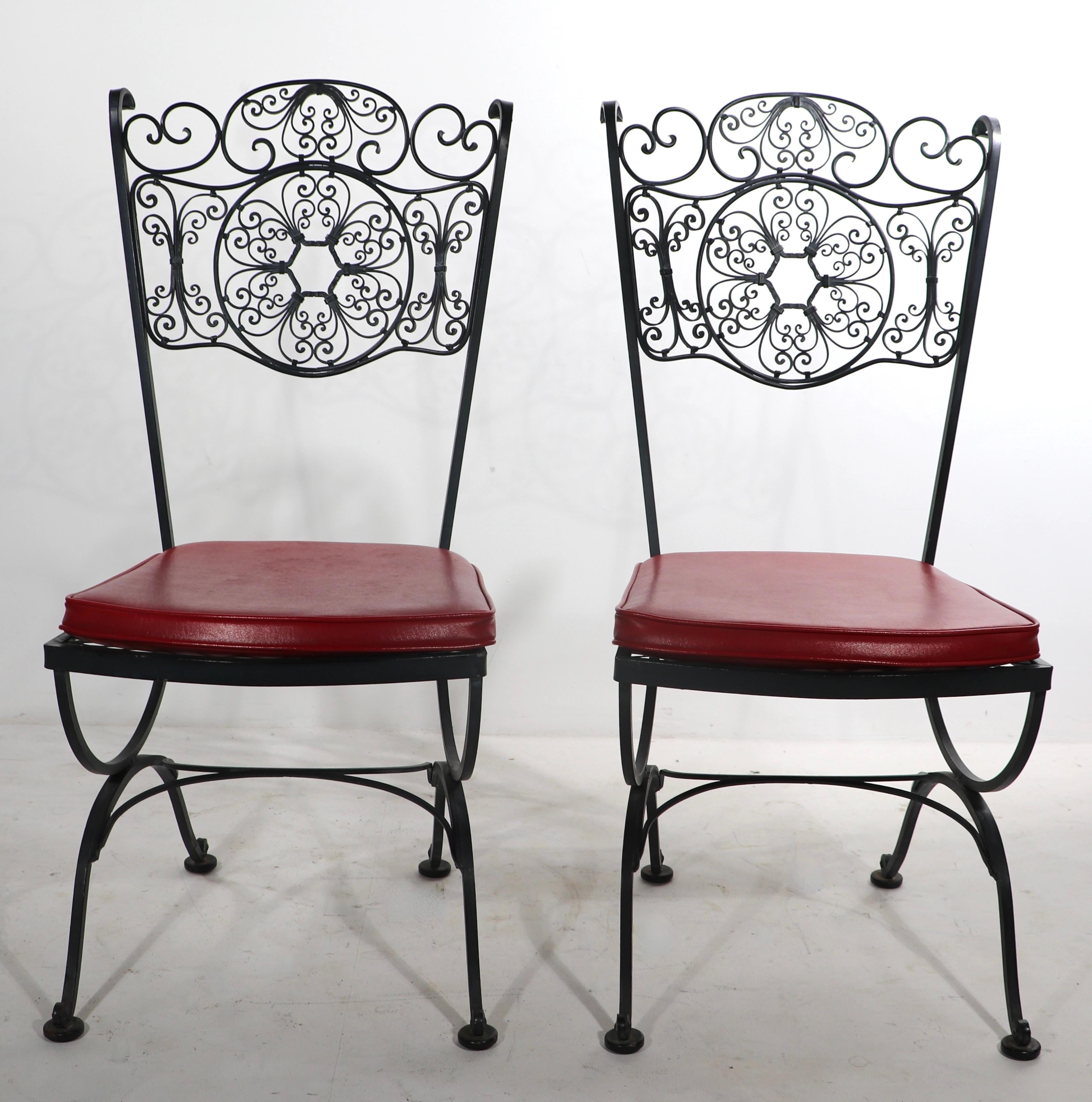 Rococo Revival Pr. Ornate Wrought Iron Patio Garden Dining Chairs by Lee Woodard For Sale