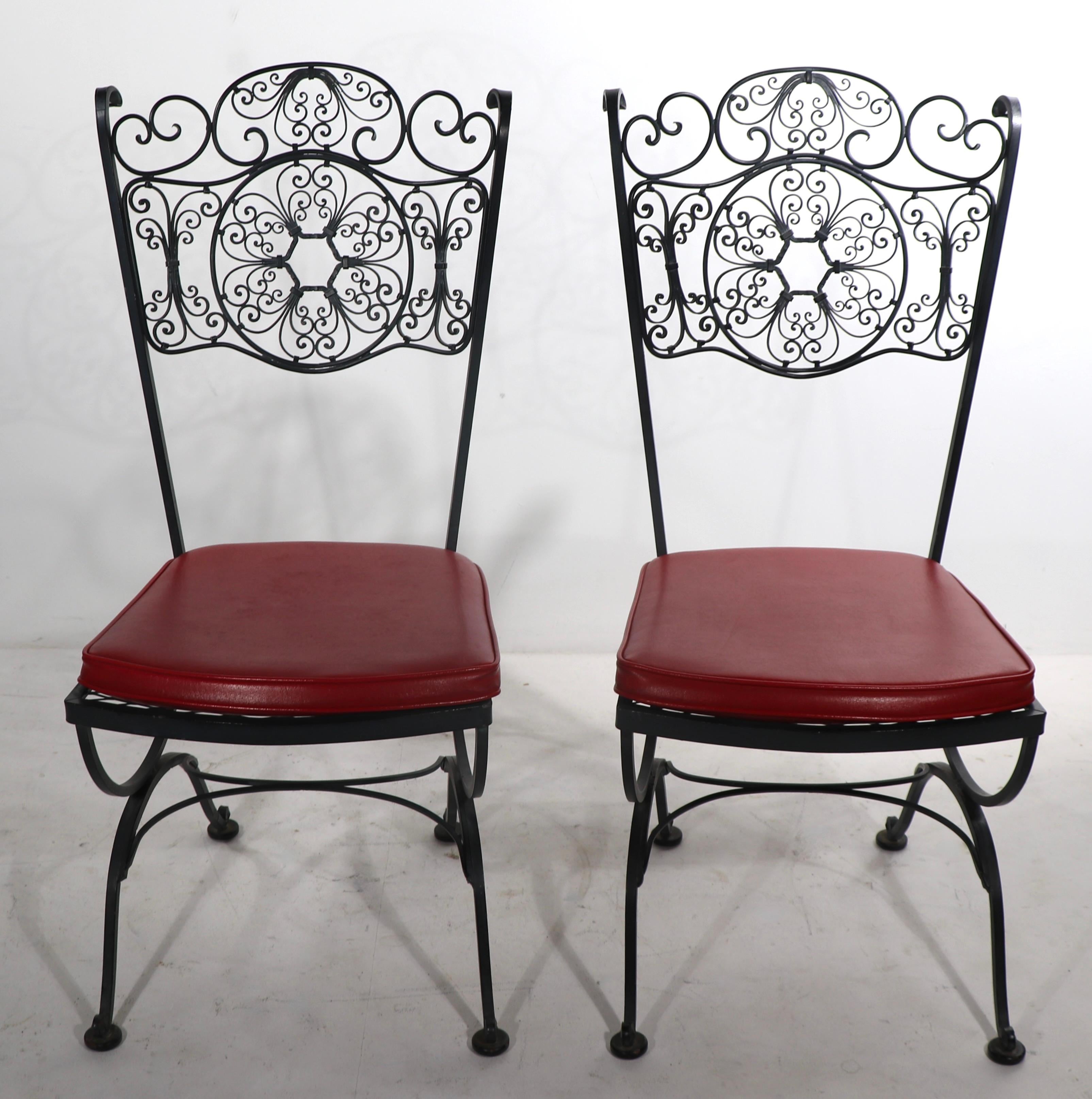 American Pr. Ornate Wrought Iron Patio Garden Dining Chairs by Lee Woodard For Sale