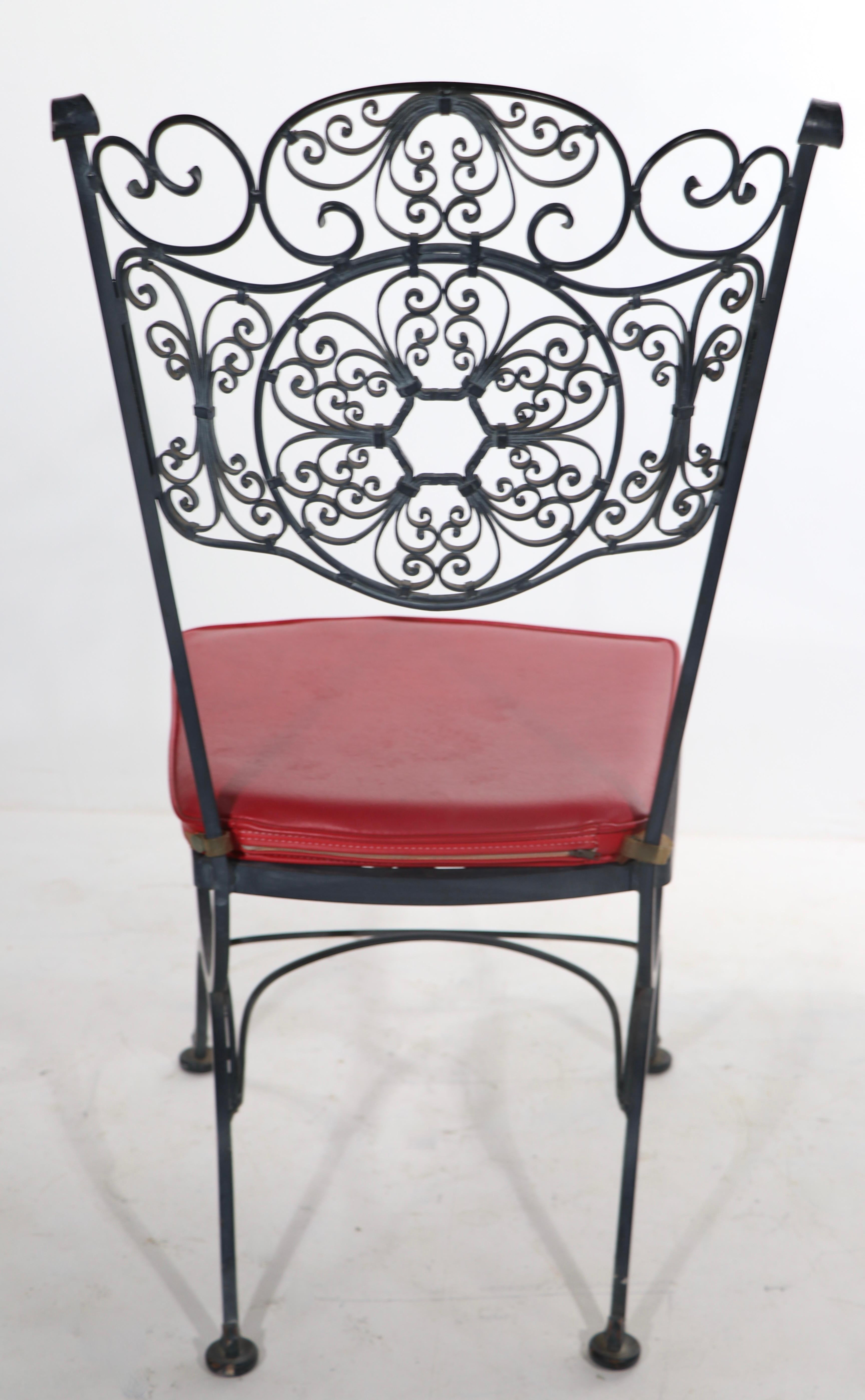 20th Century Pr. Ornate Wrought Iron Patio Garden Dining Chairs by Lee Woodard For Sale
