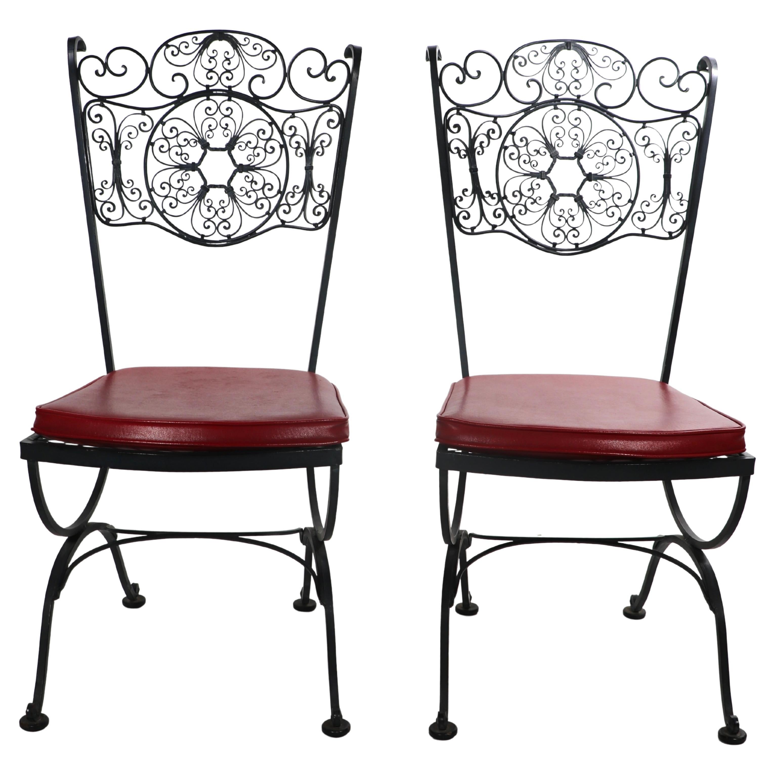 Pr. Ornate Wrought Iron Patio Garden Dining Chairs by Lee Woodard For Sale