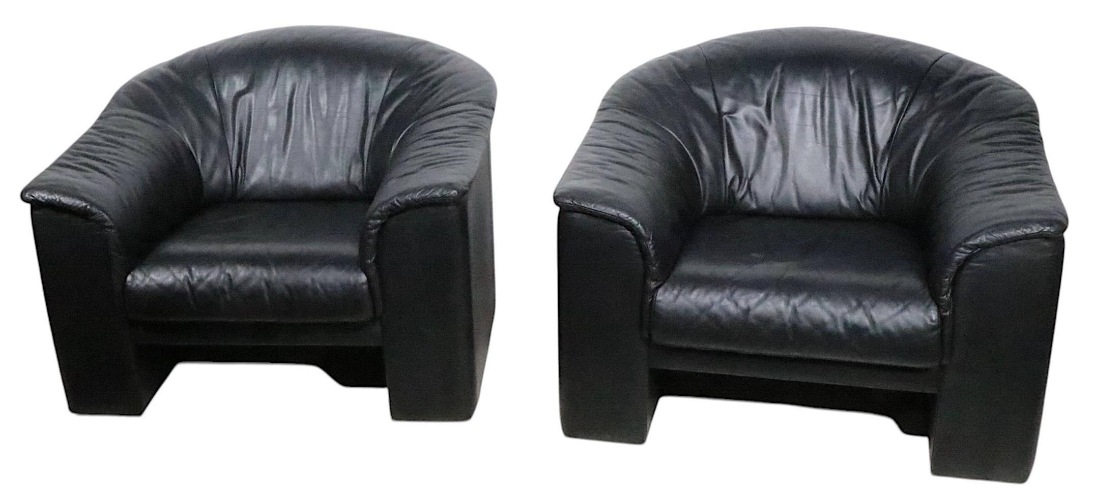 Pr. Oversize Black  Leather Club Chairs by Brayton International Collection 1991 For Sale 6