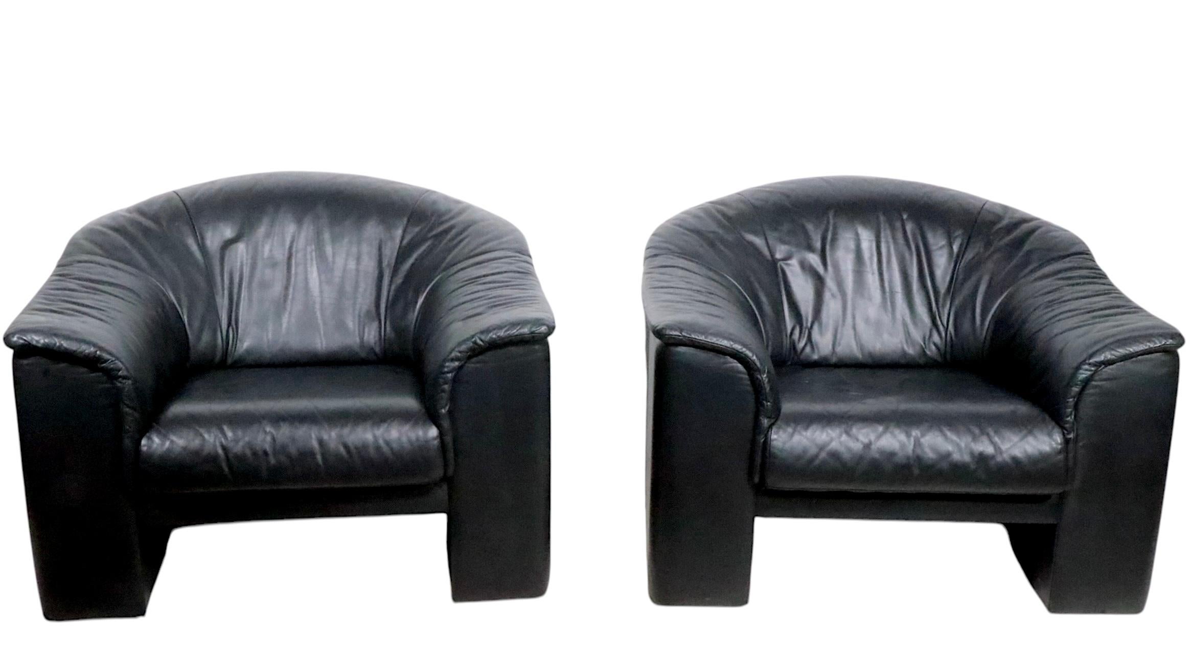 Pr. Oversize Black  Leather Club Chairs by Brayton International Collection 1991 For Sale 7
