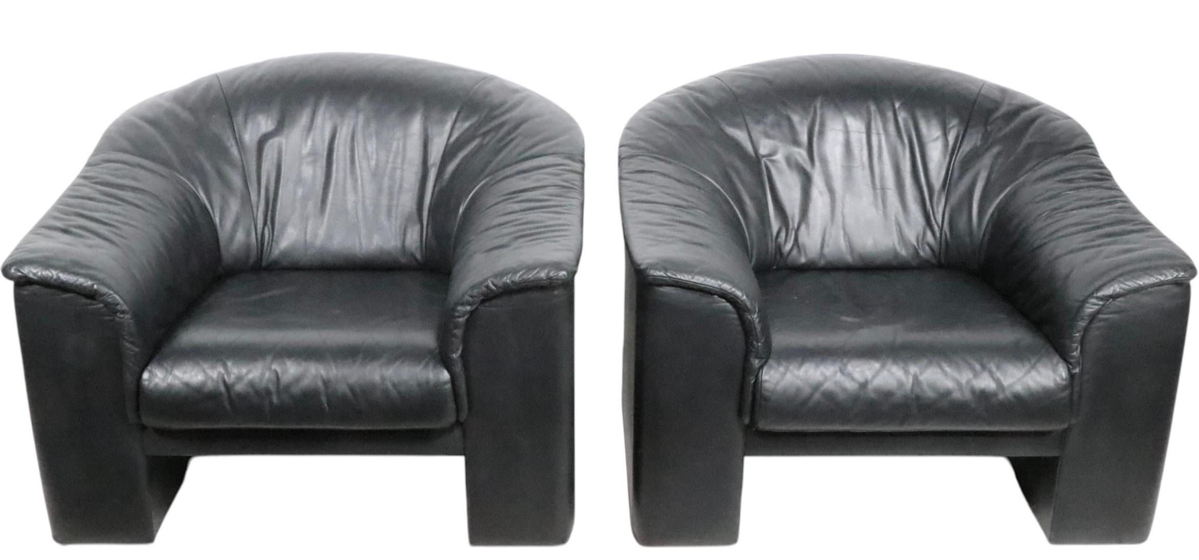 Pr. Oversize Black  Leather Club Chairs by Brayton International Collection 1991 For Sale 1