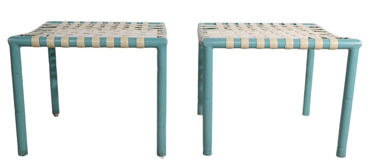 Mid-Century Modern Pr. Patio Poolside Garden Footstools, Ottomans, Poufs, in Faux Bamboo Aluminum  For Sale
