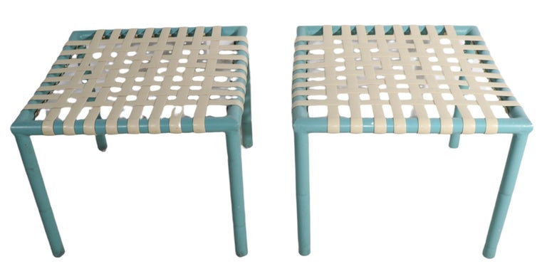 Pr. Patio Poolside Garden Footstools, Ottomans, Poufs, in Faux Bamboo Aluminum  In Good Condition For Sale In New York, NY