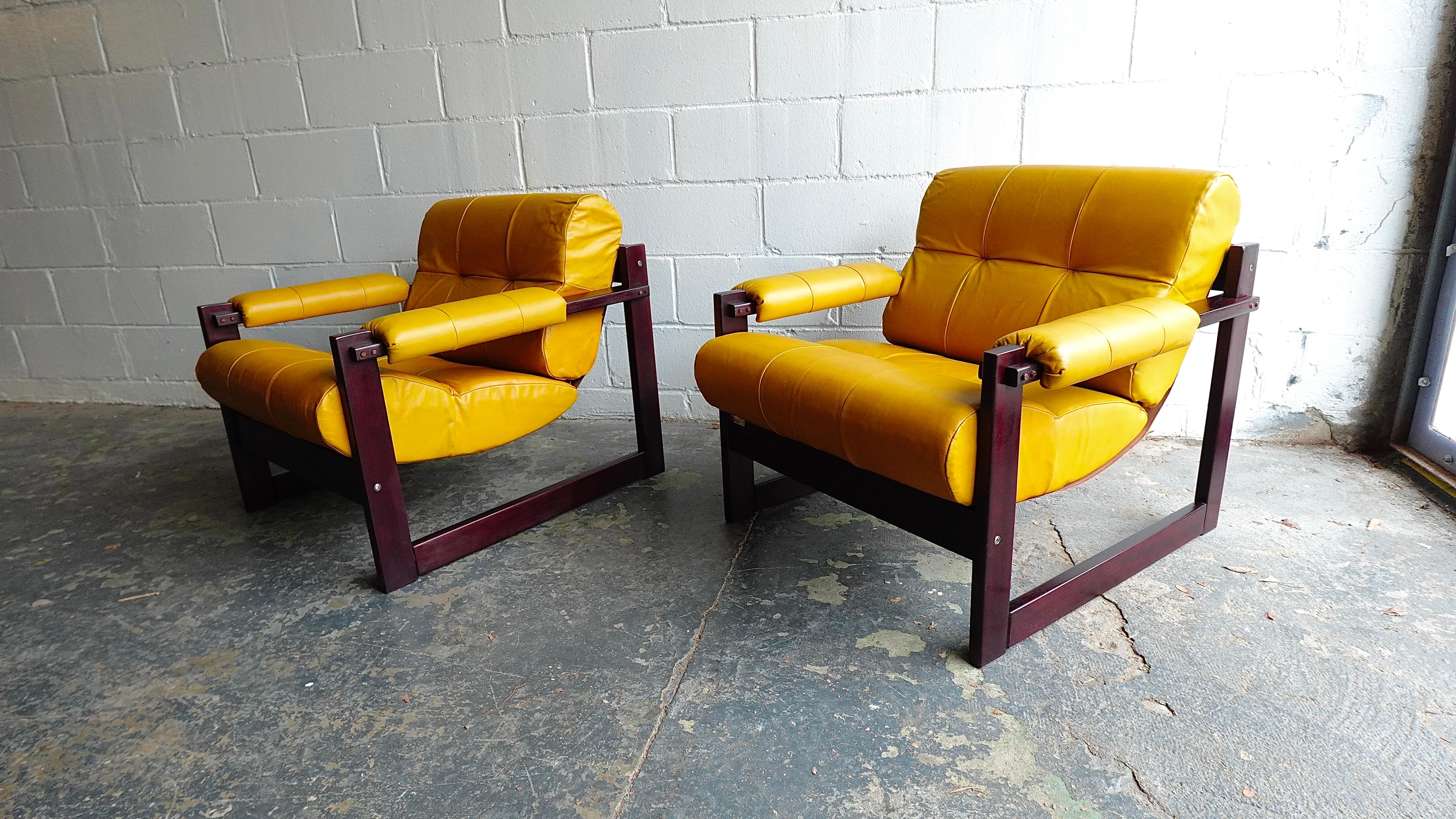 Mid-Century Modern Pr. Percival Lafer MP-167 Lounge Chairs in Jatoba & Leather, 1970s For Sale