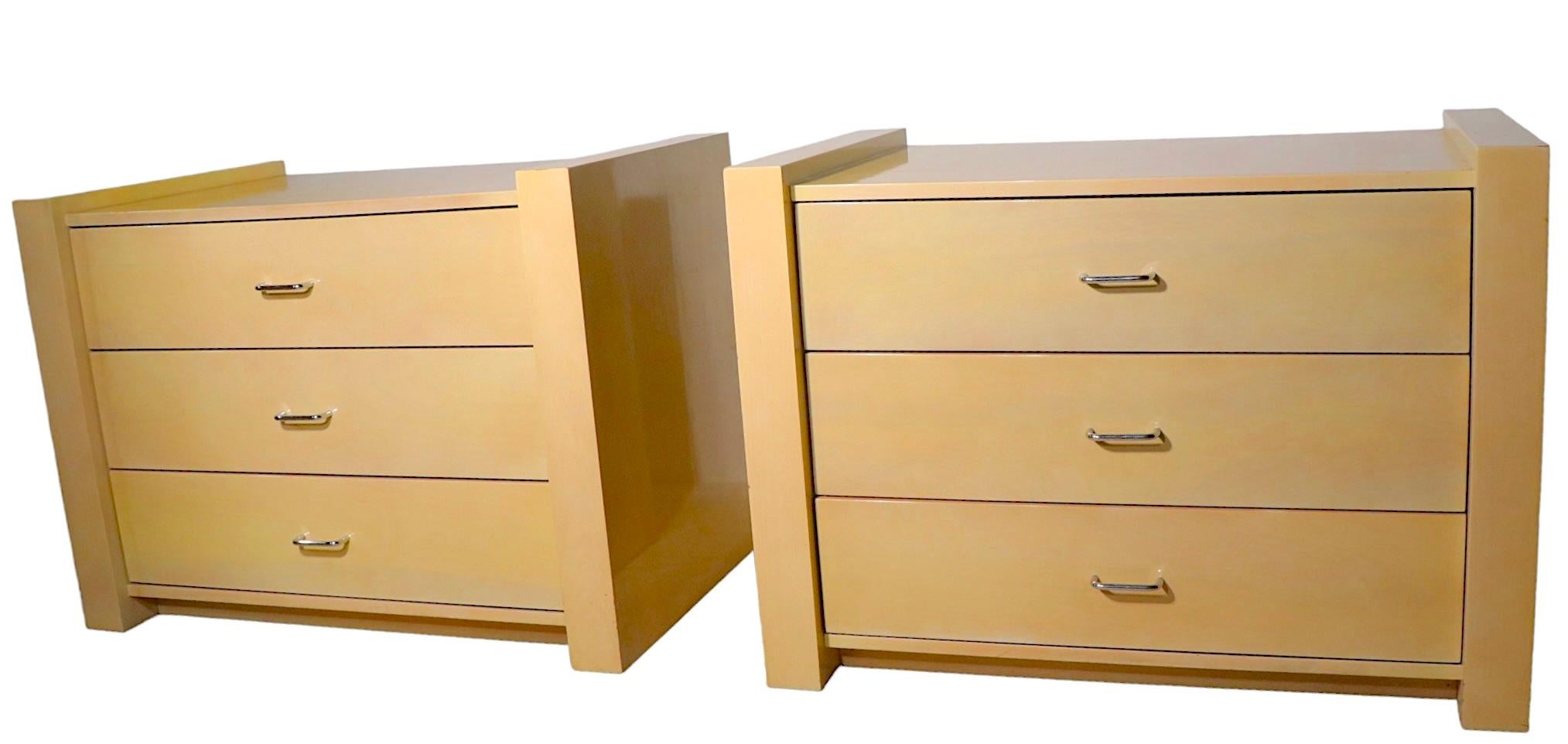 Pr. Post Modern Lacquered Three Drawer Commode Night Stands Chests In Good Condition For Sale In New York, NY