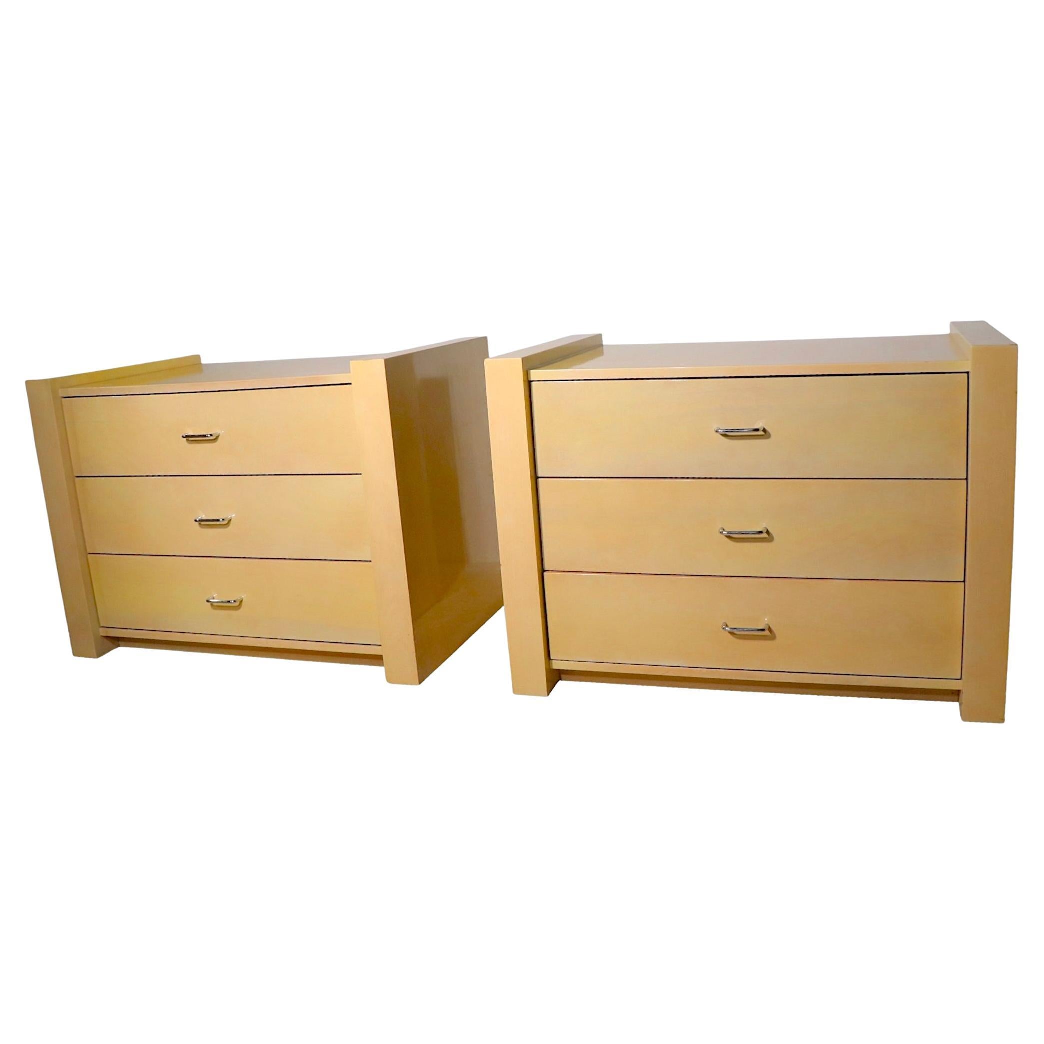 Pr. Post Modern Lacquered Three Drawer Commode Night Stands Chests For Sale