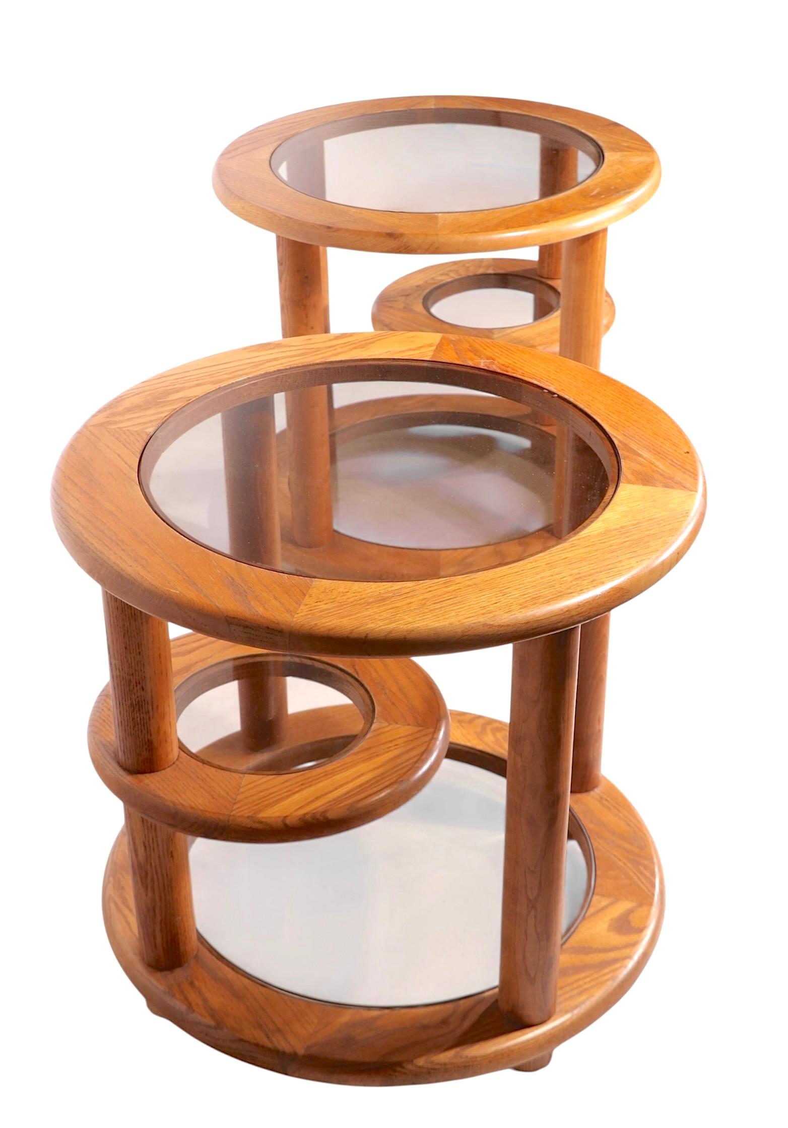 Mid-Century Modern Pr. Post Modern Oak and Glass Side, or End Tables c. 1970/80's For Sale