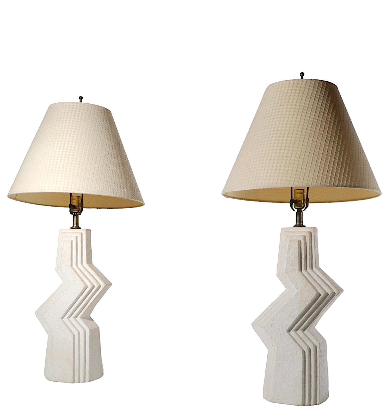 Pr. Post Modern Plaster Zig Zag Table Lamps by Ziggurat, ca. 1970/1980's In Good Condition In New York, NY