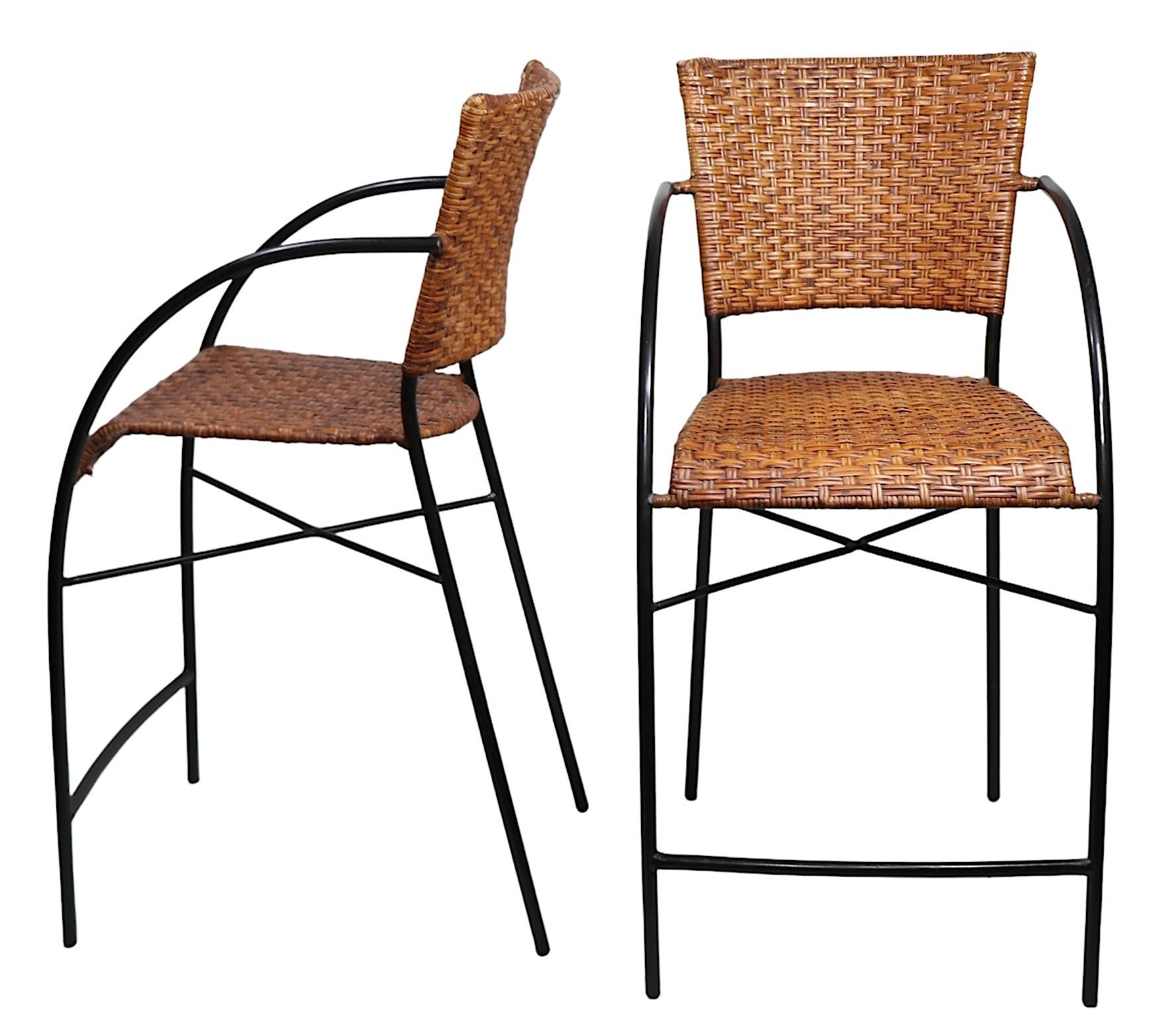 Pr. Postmodern Wicker and Iron  Counter Stools In Good Condition For Sale In New York, NY