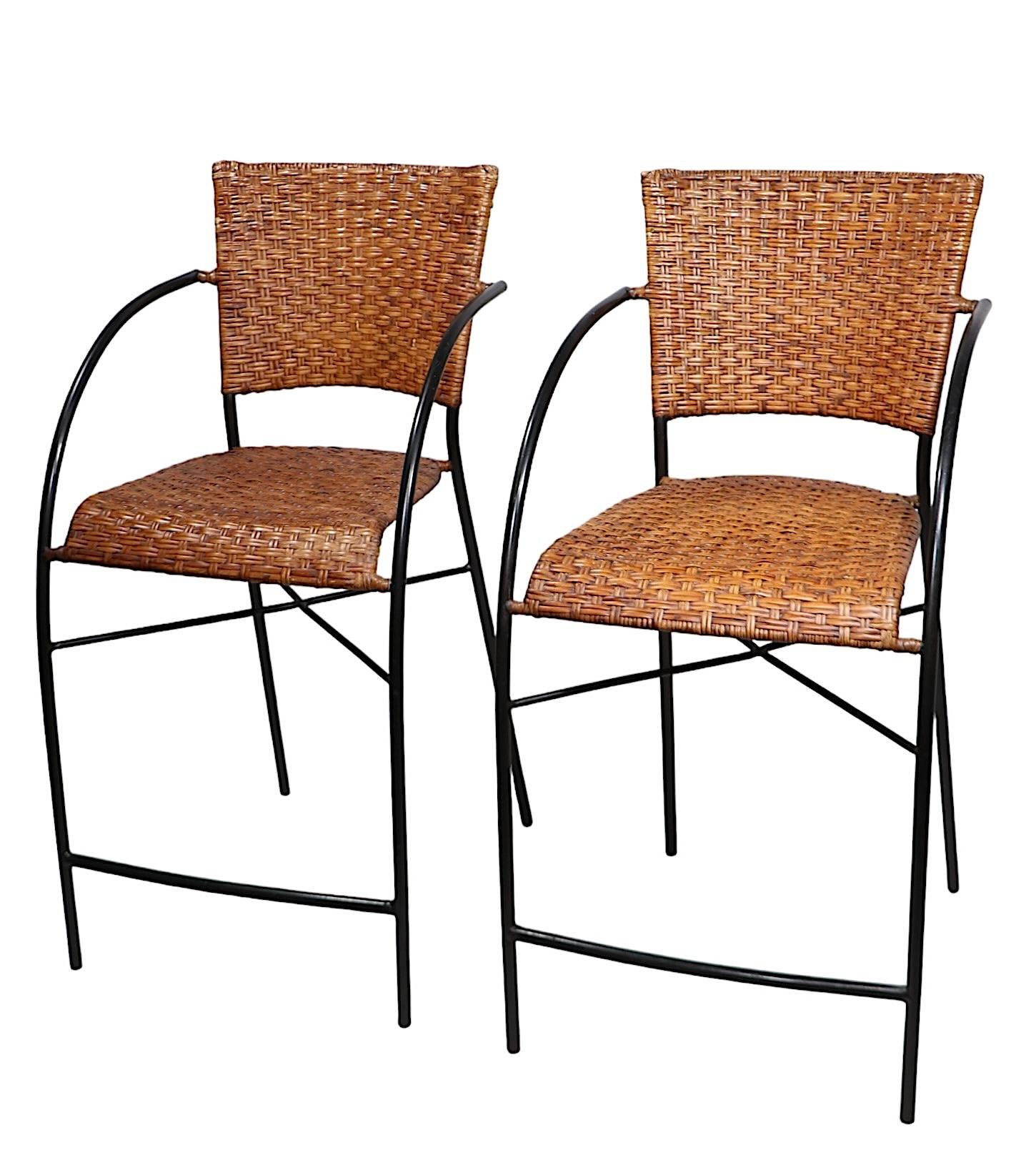 20th Century Pr. Postmodern Wicker and Iron  Counter Stools For Sale