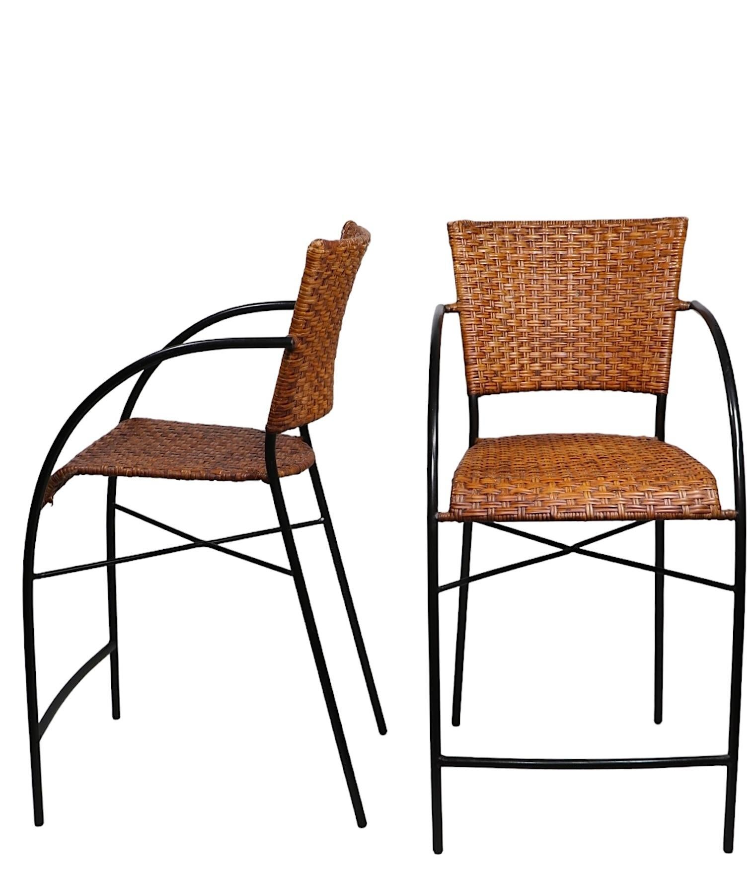 Pr. Postmodern Wicker and Iron  Counter Stools For Sale 1
