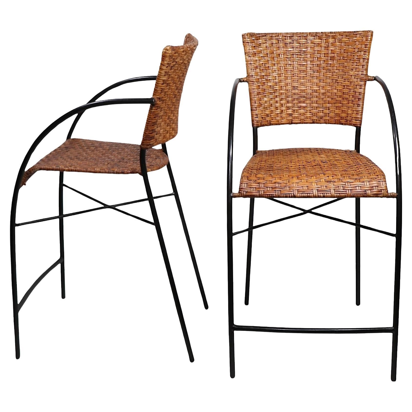 Pr. Postmodern Wicker and Iron  Counter Stools
