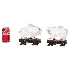 Pr. Qing Carved Rock Crystal Elephants w/ Boys, on Original Zitan Wood Bases