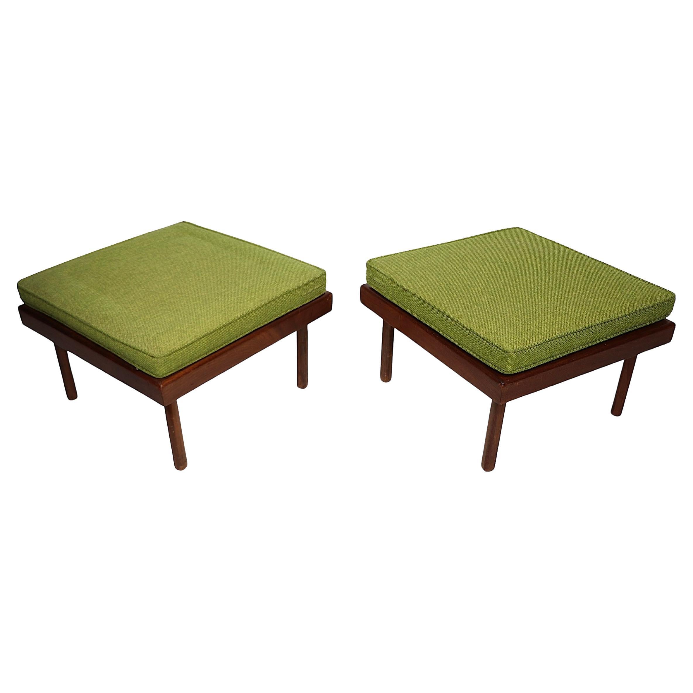 Chic matched pair of small benches, ottomans, or  stools by Robsjohn - Gibbins  for Widdicomb. The bases are constructed of solid wood, probably mahogany, and have their original green tweed fabric upholstery cushions. These pieces can also function