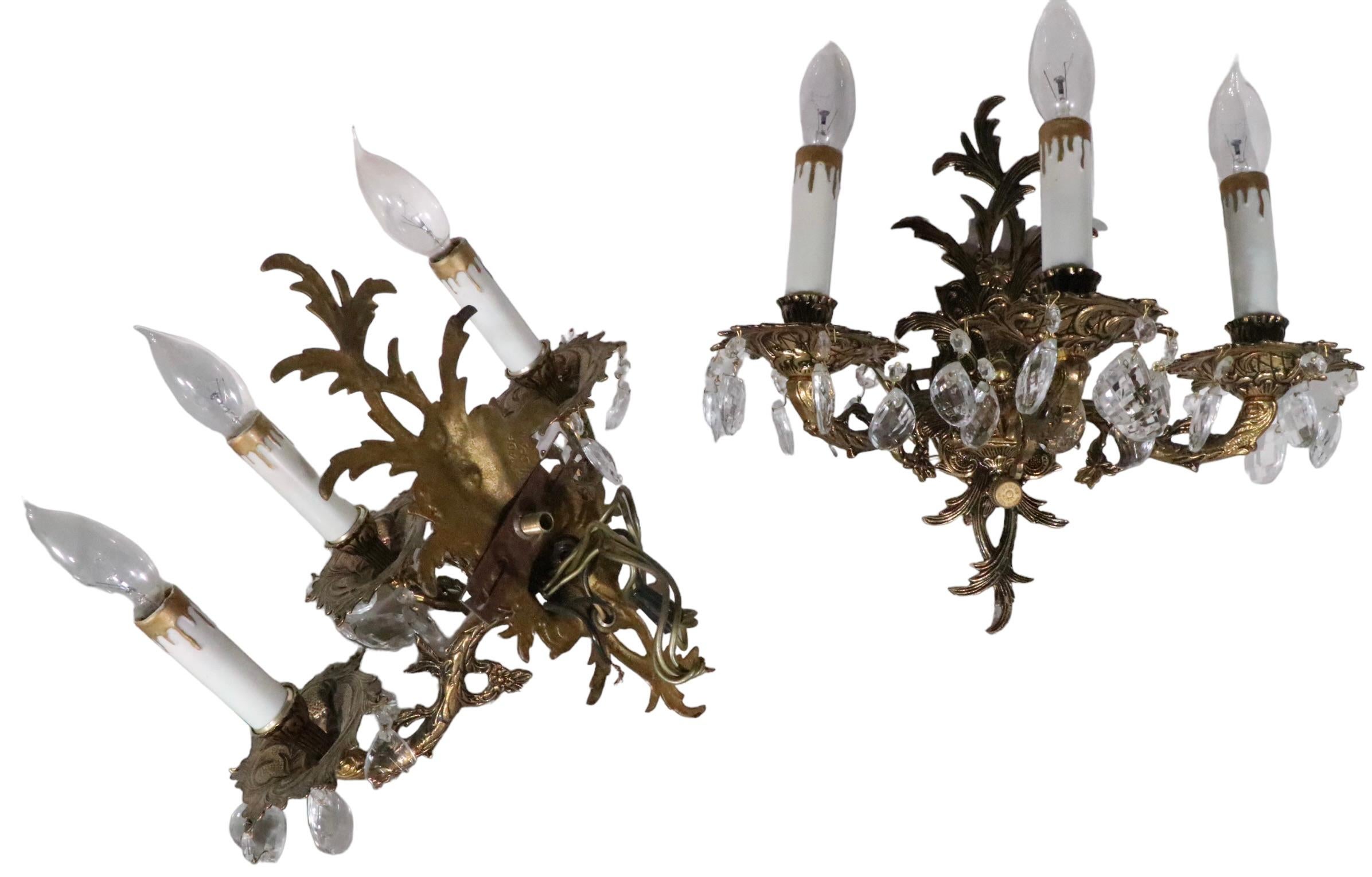 Pr. Rococo  Brass Three Light Sconces Made in Spain c. 1950/1970's For Sale 4