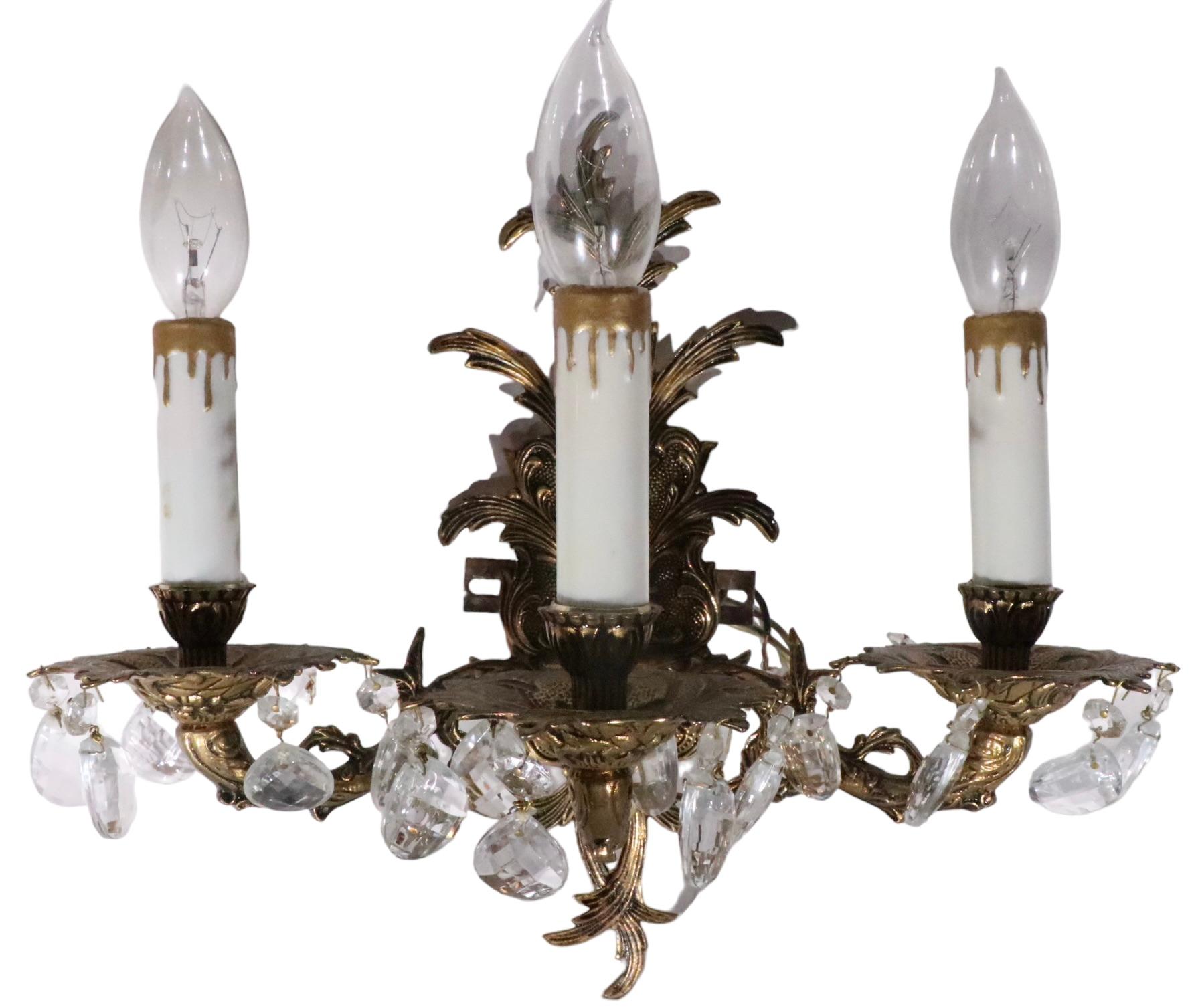 Pr. Rococo  Brass Three Light Sconces Made in Spain c. 1950/1970's For Sale 5