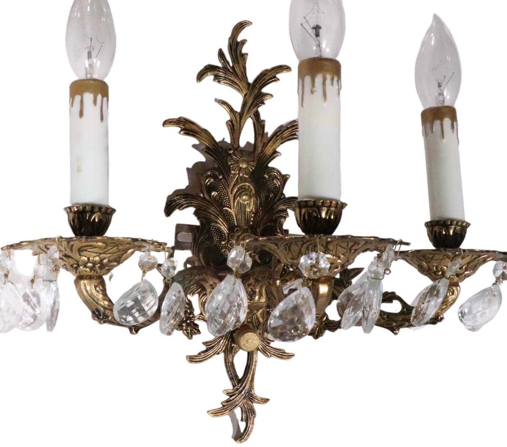 Pr. Rococo  Brass Three Light Sconces Made in Spain c. 1950/1970's For Sale 6