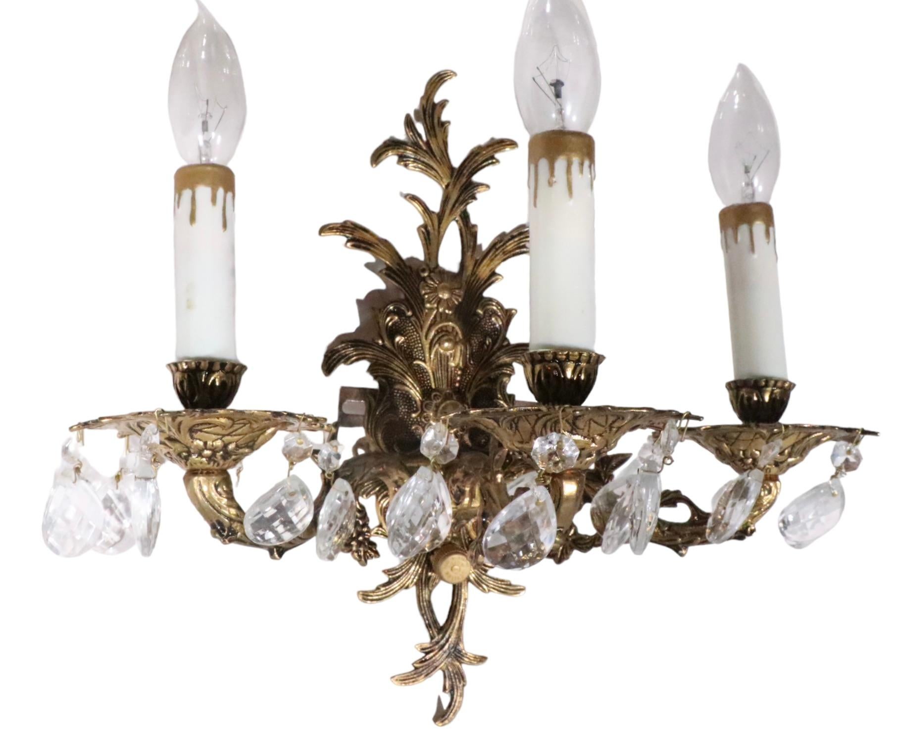 Pr. Rococo  Brass Three Light Sconces Made in Spain c. 1950/1970's For Sale 7