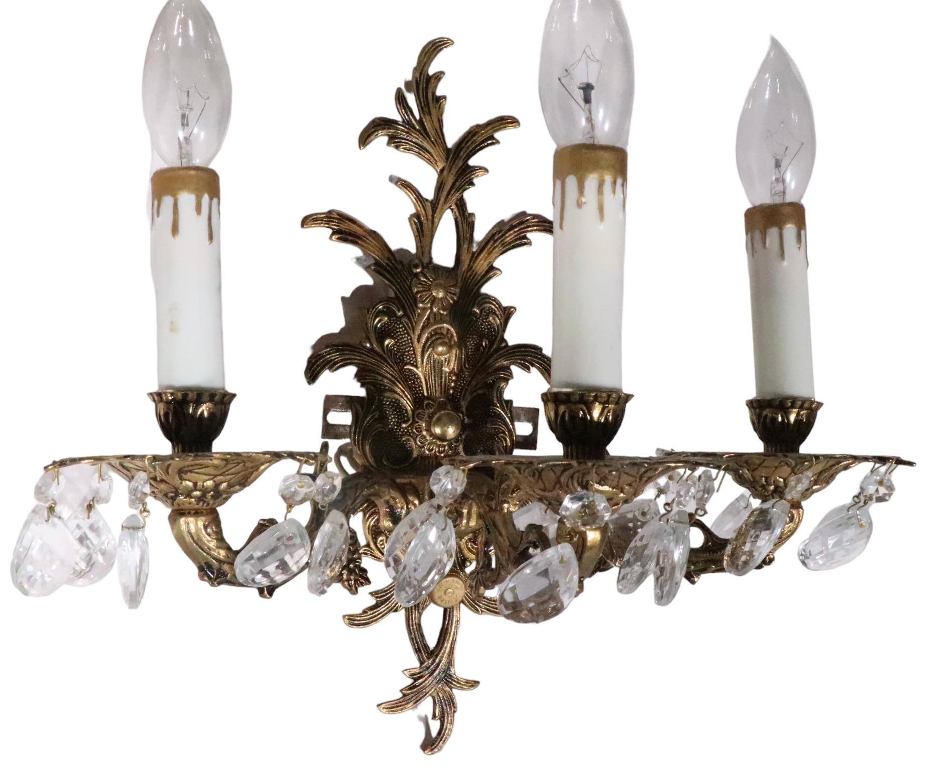 Pr. Rococo  Brass Three Light Sconces Made in Spain c. 1950/1970's For Sale 8