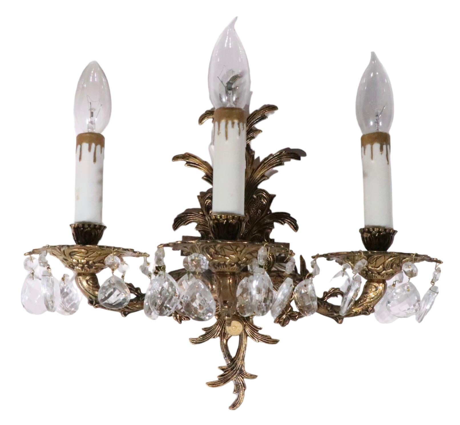 Pr. Rococo  Brass Three Light Sconces Made in Spain c. 1950/1970's For Sale 9