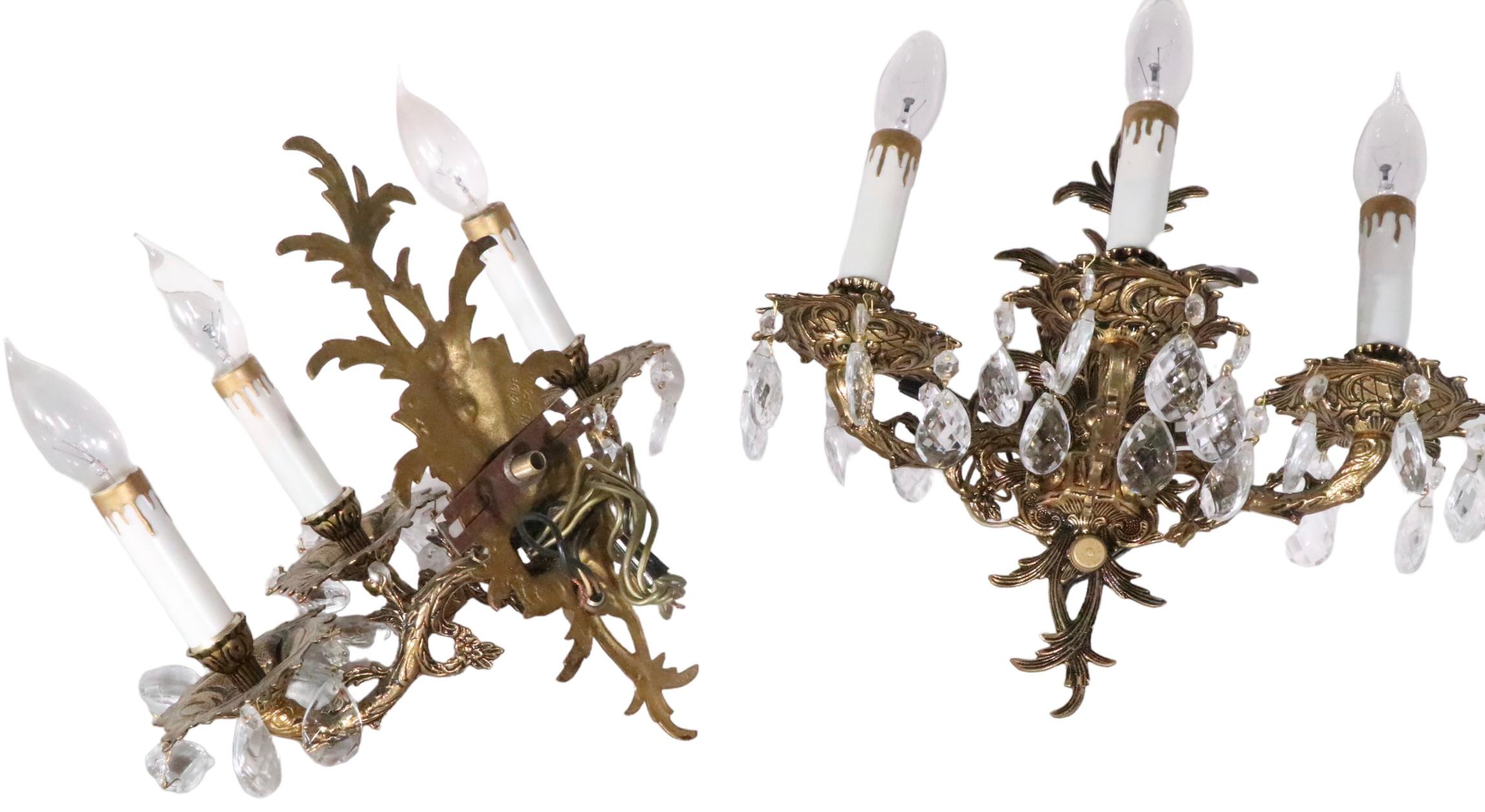 Pr. Rococo  Brass Three Light Sconces Made in Spain c. 1950/1970's For Sale 2