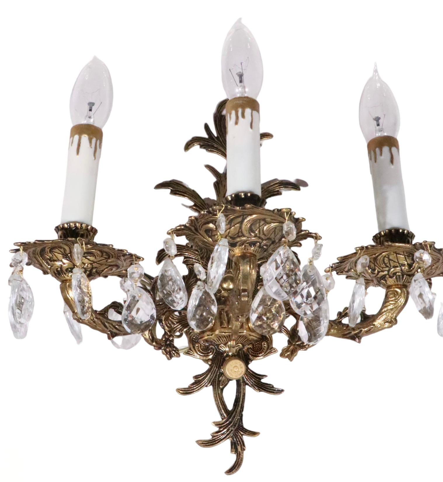 Pr. Rococo  Brass Three Light Sconces Made in Spain c. 1950/1970's For Sale 3