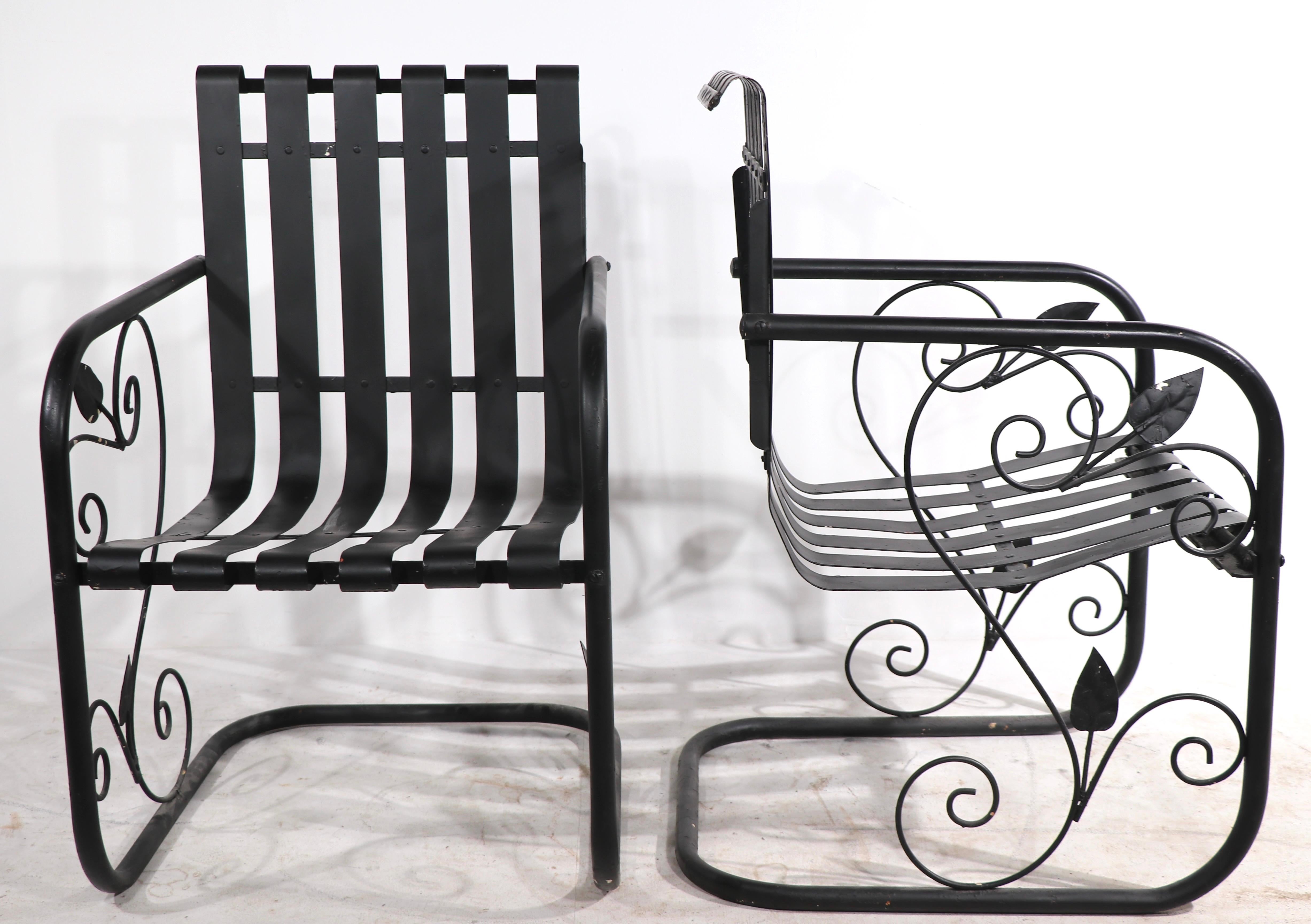 Pr. Romantic Art Deco Garden Patio Metal Strap Lounge Chairs For Sale 5