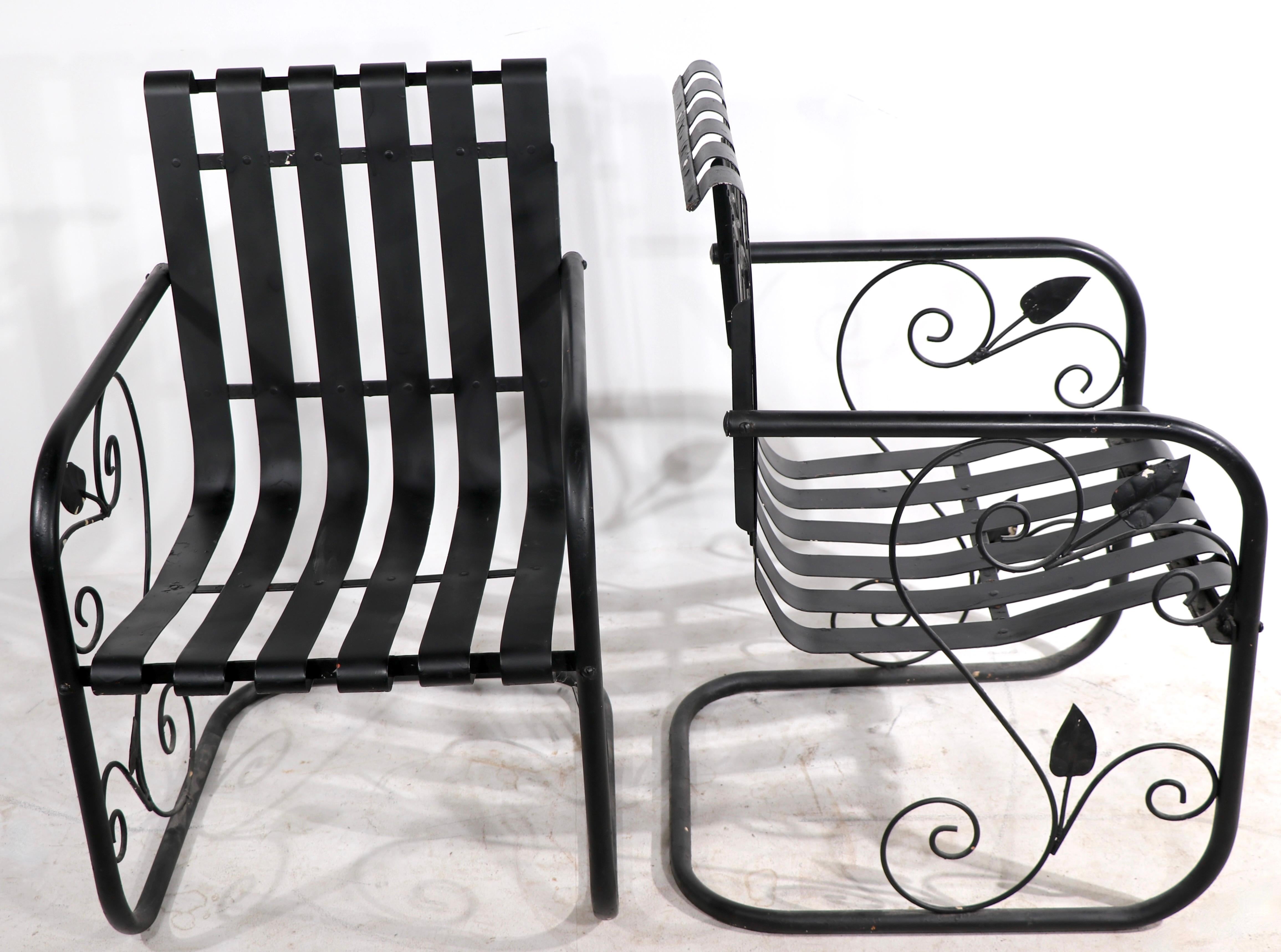 Pr. Romantic Art Deco Garden Patio Metal Strap Lounge Chairs For Sale 6