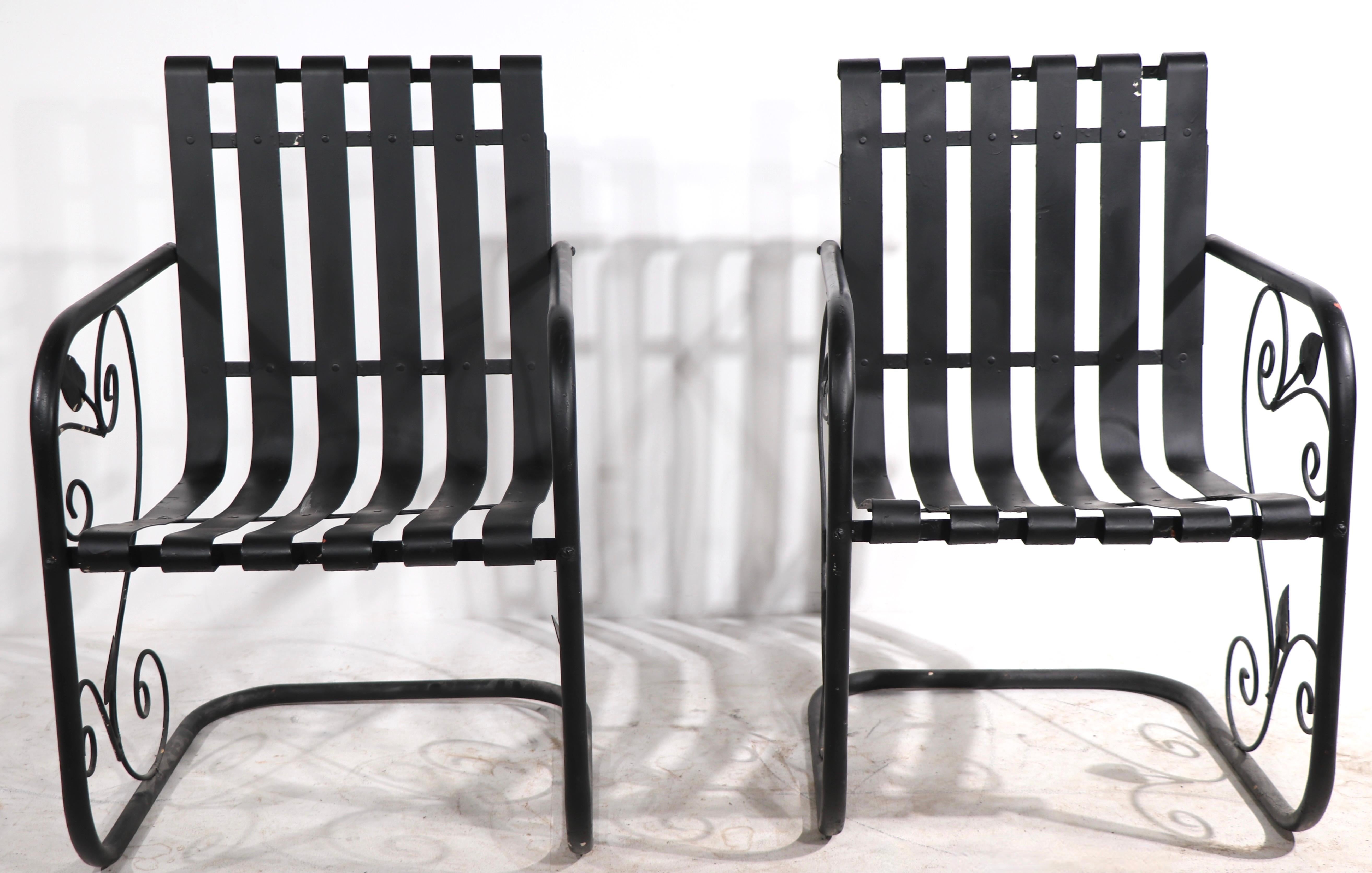 Pr. Romantic Art Deco Garden Patio Metal Strap Lounge Chairs For Sale 7