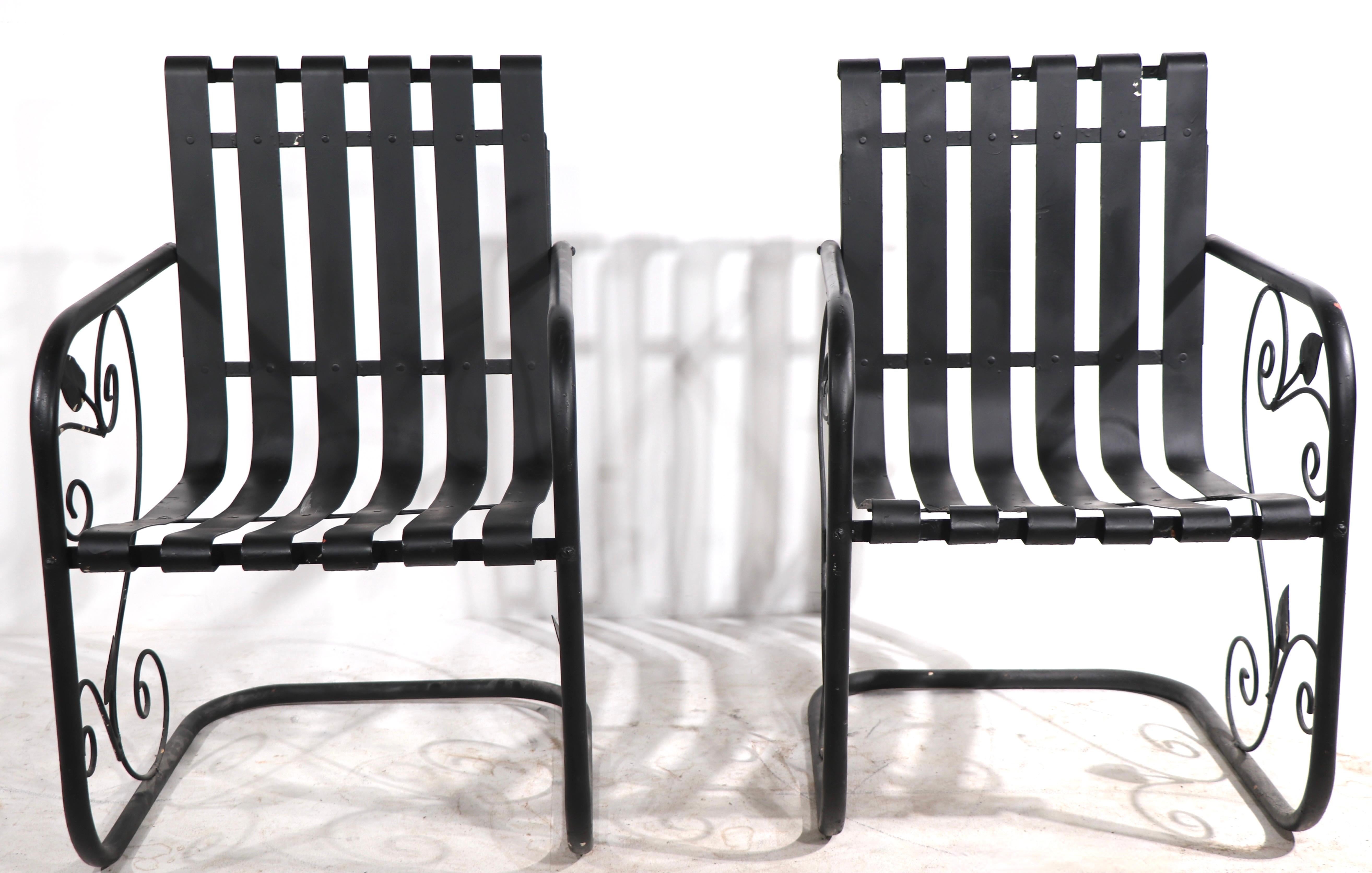 Pr. Romantic Art Deco Garden Patio Metal Strap Lounge Chairs For Sale 8
